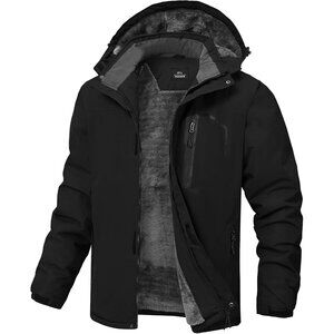 Men's Winter Black Jackets Waterproof Warm Fleece Ski Jacket with Hood .